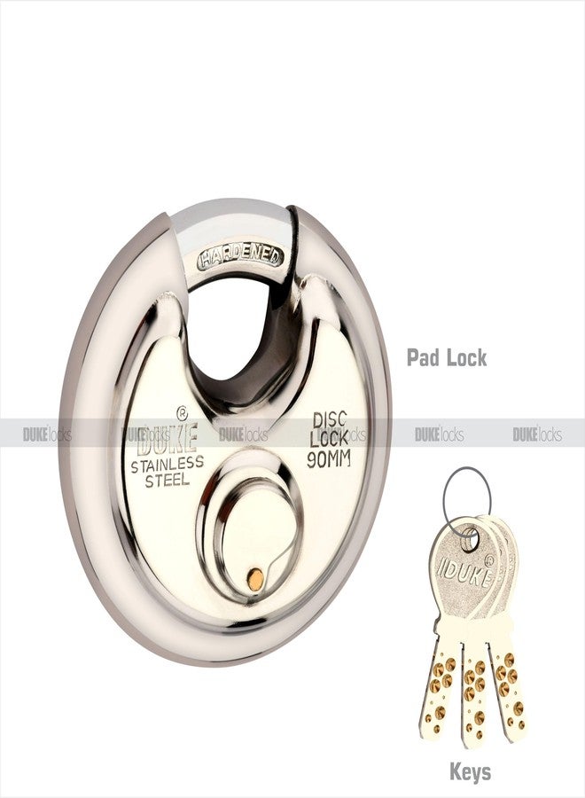 DUKE Disc Lock Ultra 90mm Big Size Full Stainless Steel (SS 304 Grade) Body 3 Brass Ultra Dimple Computerized Keys Hardened Shackle Round Shutter Lock - Image 3